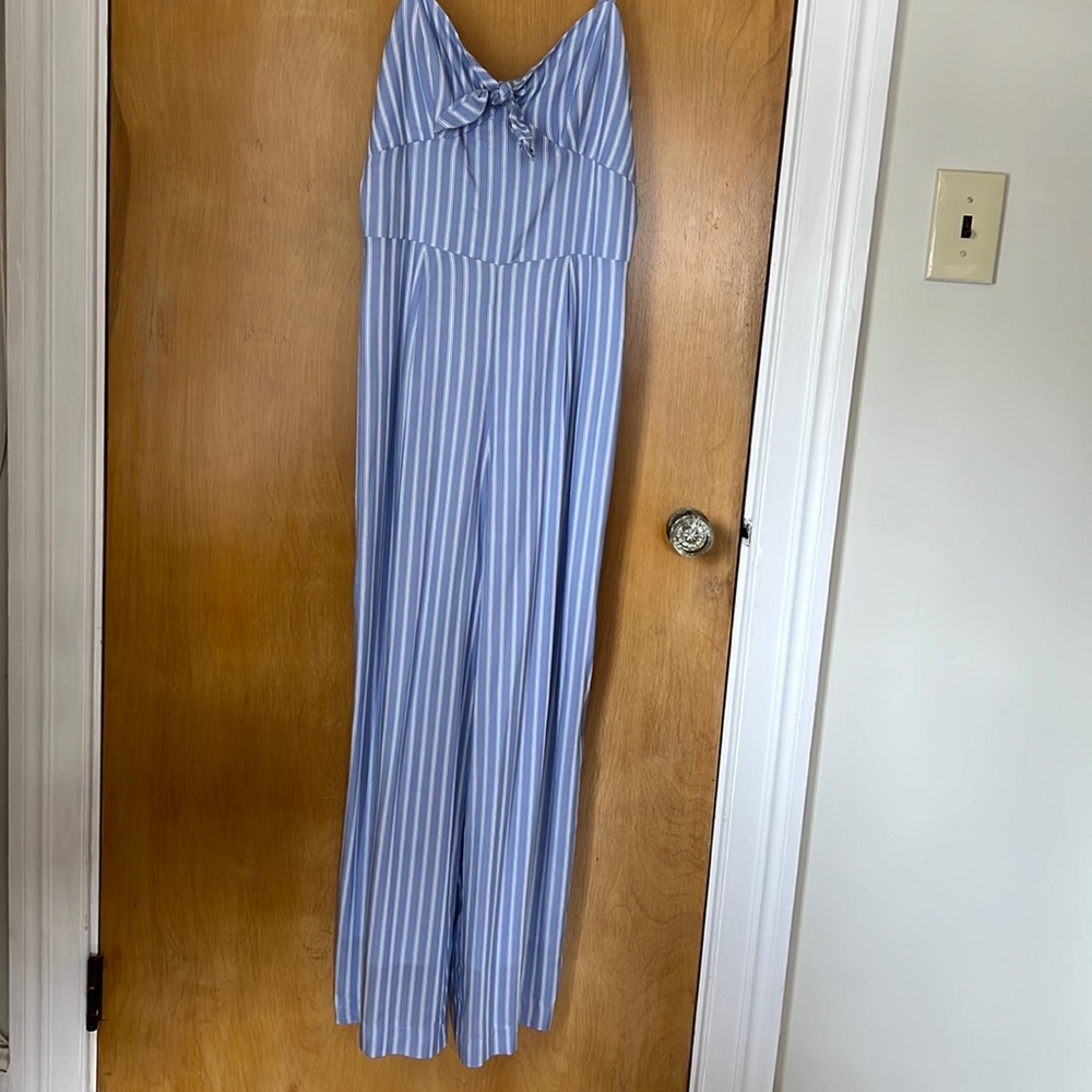JCrew Pinstripe Linen Jumpsuit Knotted Tie Front Size 00